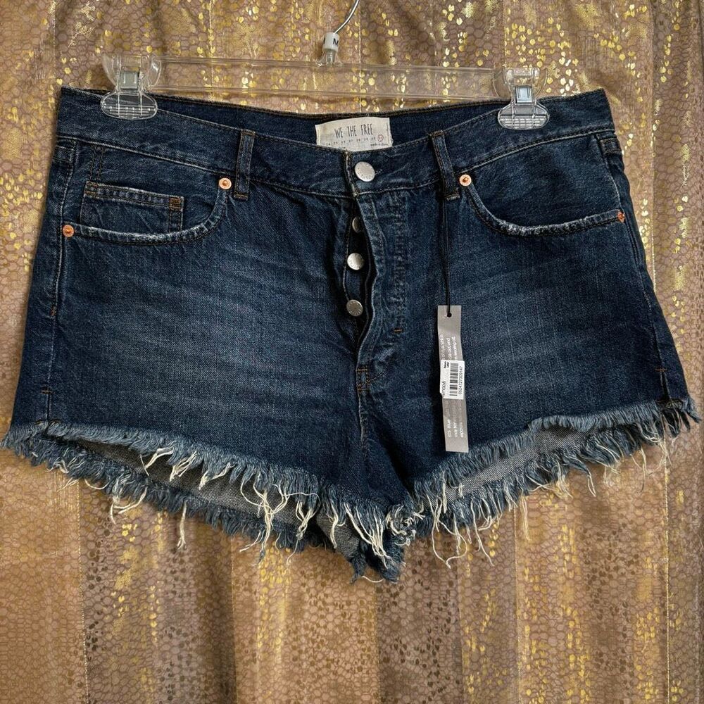 Free People Dark Blue Denim Button Fly Raw Hem Shorts Size 31 NWT
